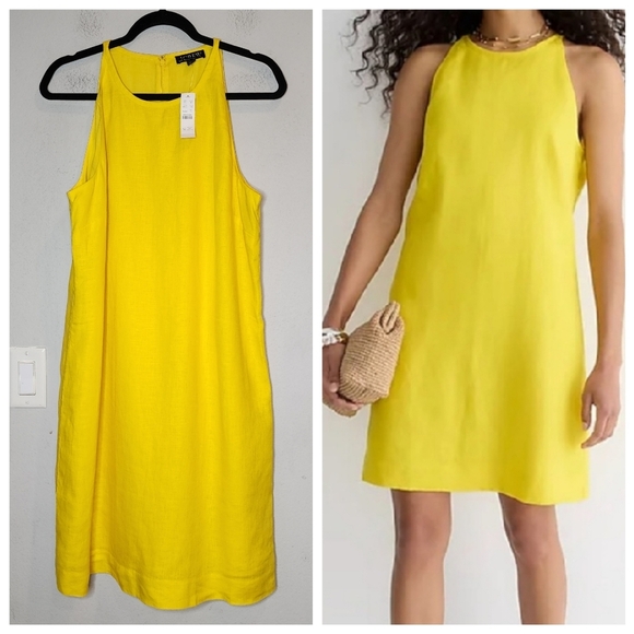 NWT J. Crew Large Tall Linen Yellow Maxine high-neck Sleeveless shift dress - Picture 1 of 13
